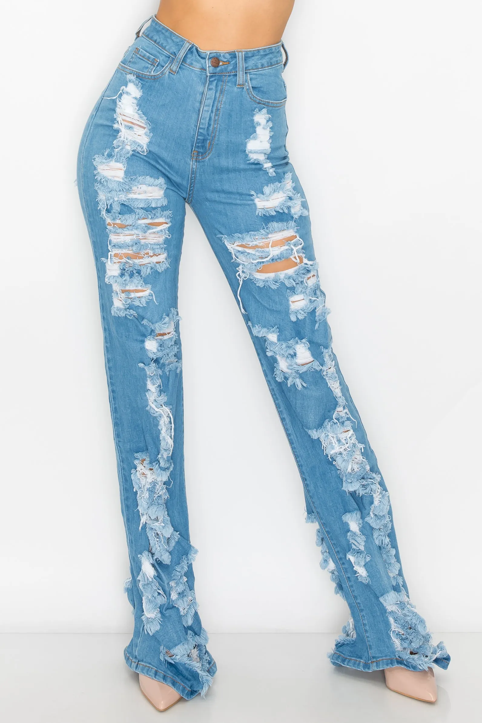 40030 Women'S High Waisted Distressed Wide Leg Jeans with Cut Outs