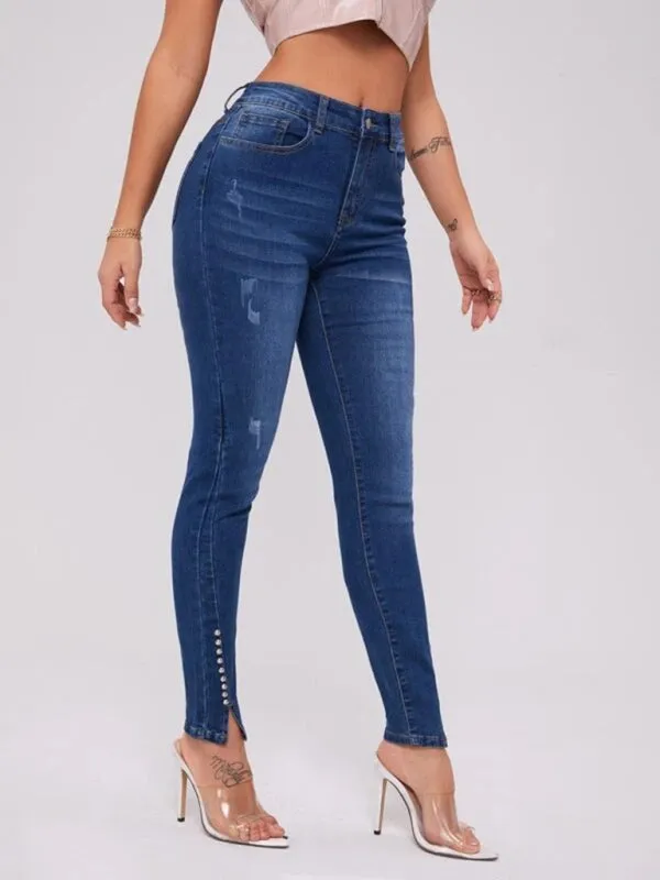 Ankle Slit Bead High Waist Jeans