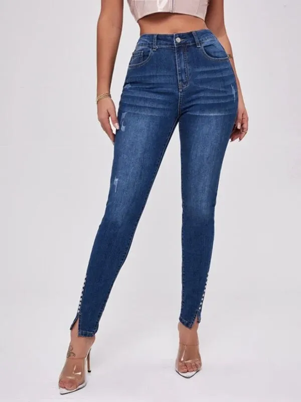 Ankle Slit Bead High Waist Jeans