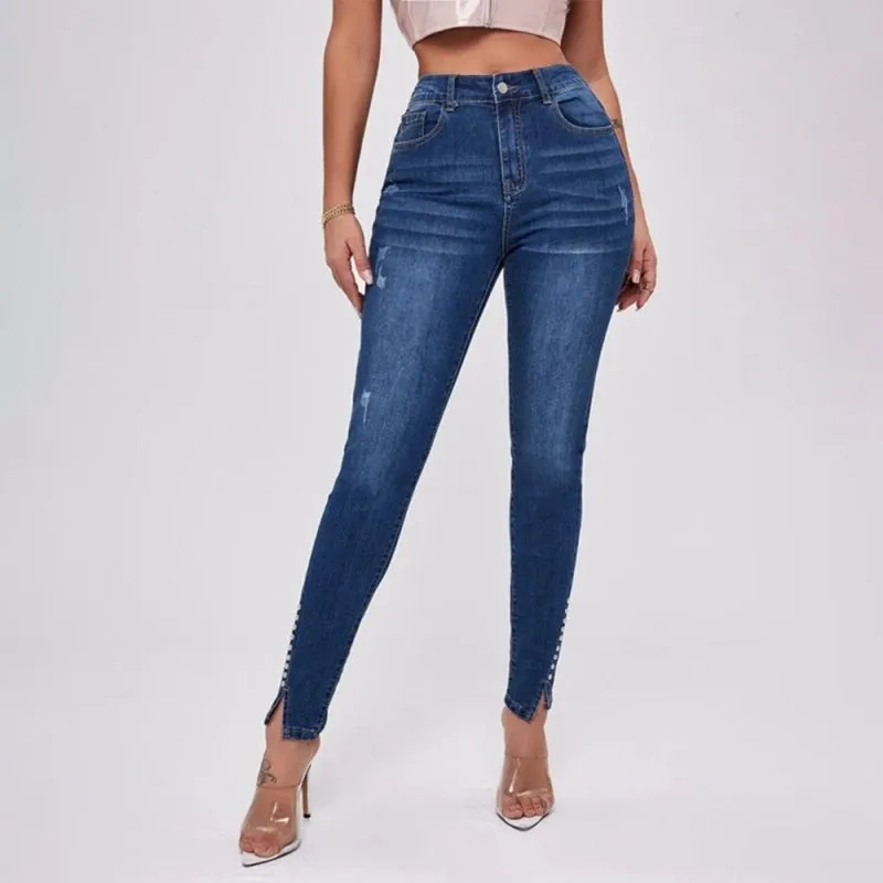 Ankle Slit Bead High Waist Jeans