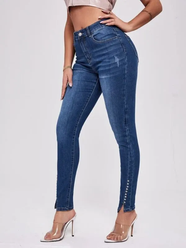 Ankle Slit Bead High Waist Jeans