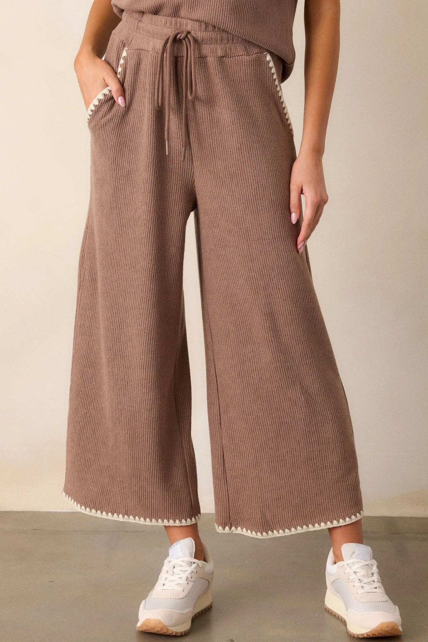 Anytime Now Mocha Blanket Stitch Wide Leg Pants