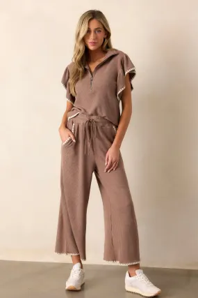 Anytime Now Mocha Blanket Stitch Wide Leg Pants