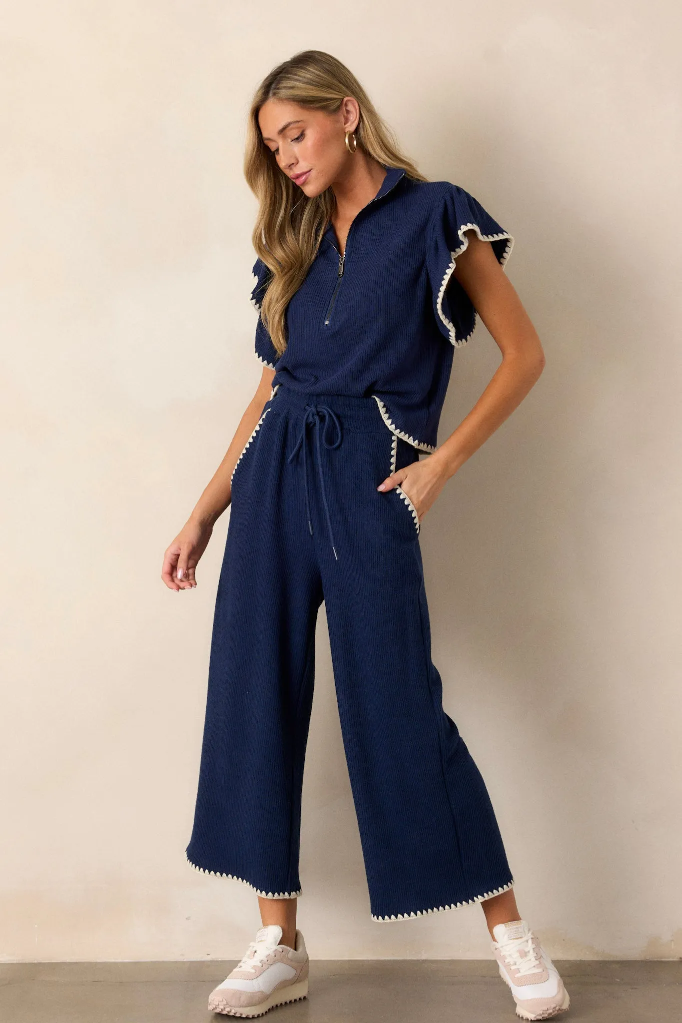 Anytime Now Navy Blanket Stitch Wide Leg Pants