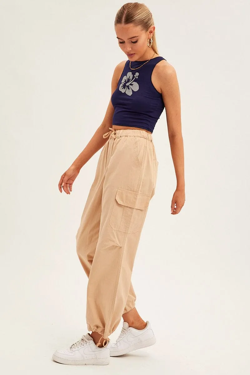 Beige Cargo Pants Relaxed Wide Leg