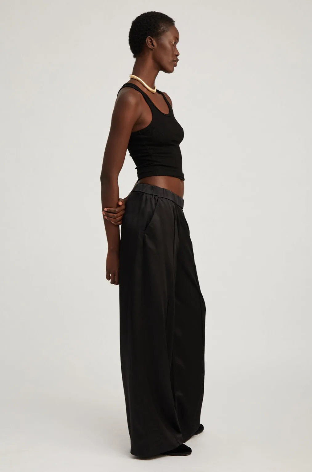 Black Silk Wide Leg Pintuck Pants