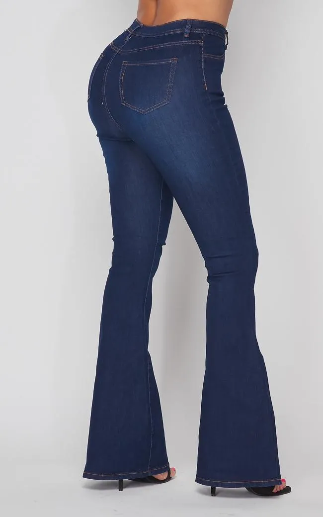 Button Fly Bell Bottom Stretchy Jeans - Dark Denim