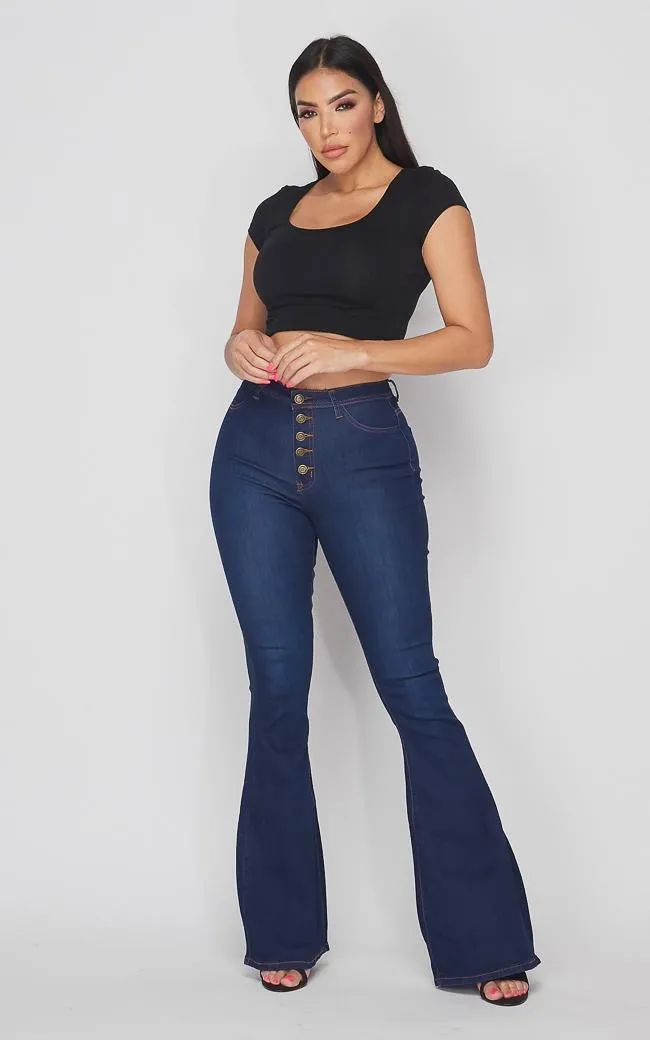 Button Fly Bell Bottom Stretchy Jeans - Dark Denim