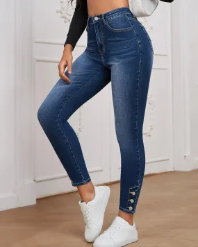 Buttoned High Elastic Tight Denim Trousers Women