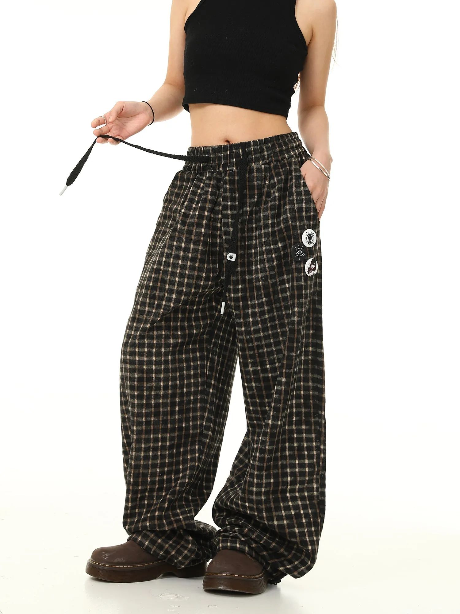 Check Print Wide Leg Track Pants