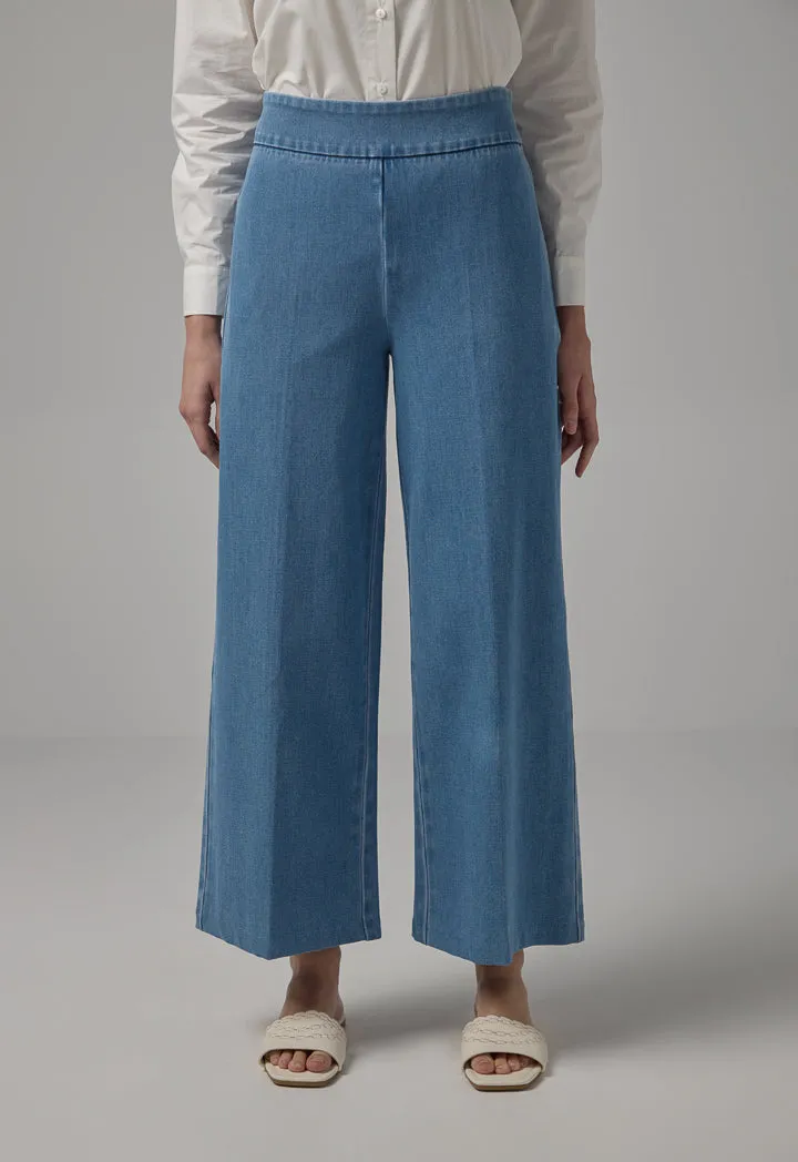 Choice Solid Wide Leg Denim Trousers Light Blue