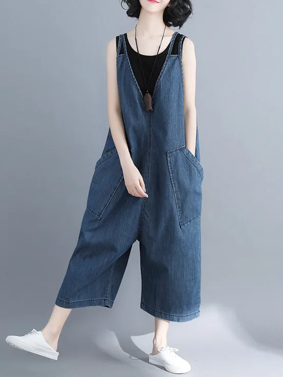 Comfortable V-neck Jeans Jumpsuit