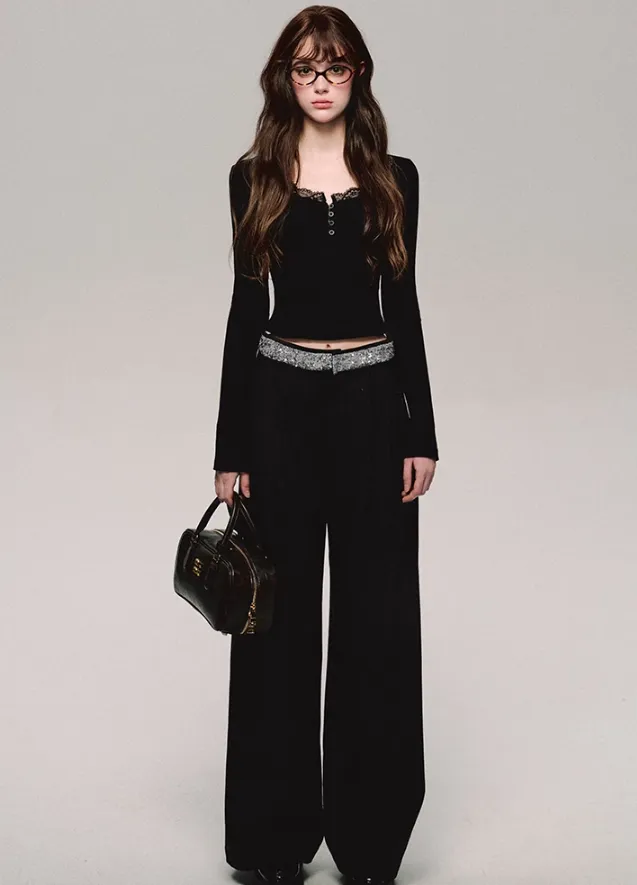 Crystal Trim Wide Leg Pants