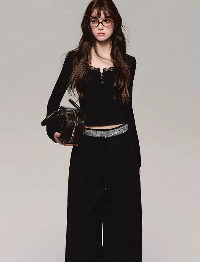 Crystal Trim Wide Leg Pants