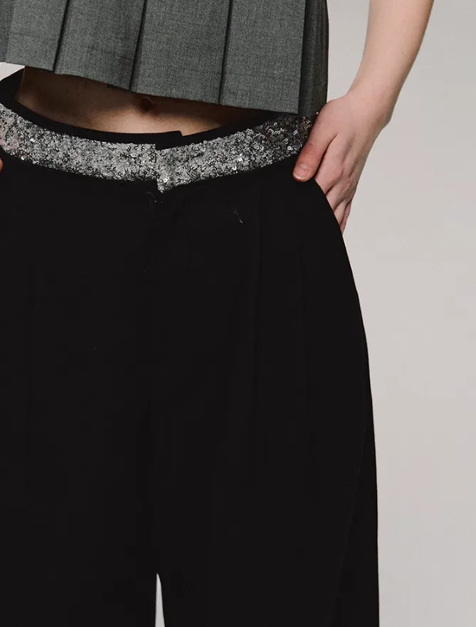 Crystal Trim Wide Leg Pants