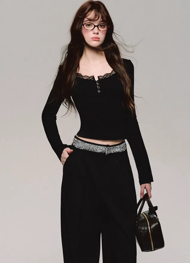 Crystal Trim Wide Leg Pants