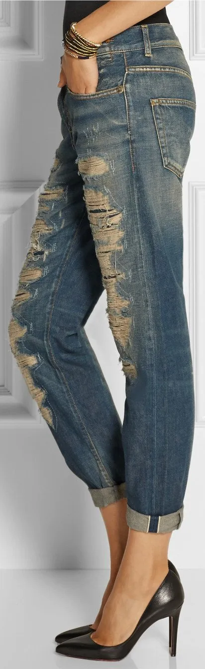 Distressed Mid-Rise Boyfriend Jeans