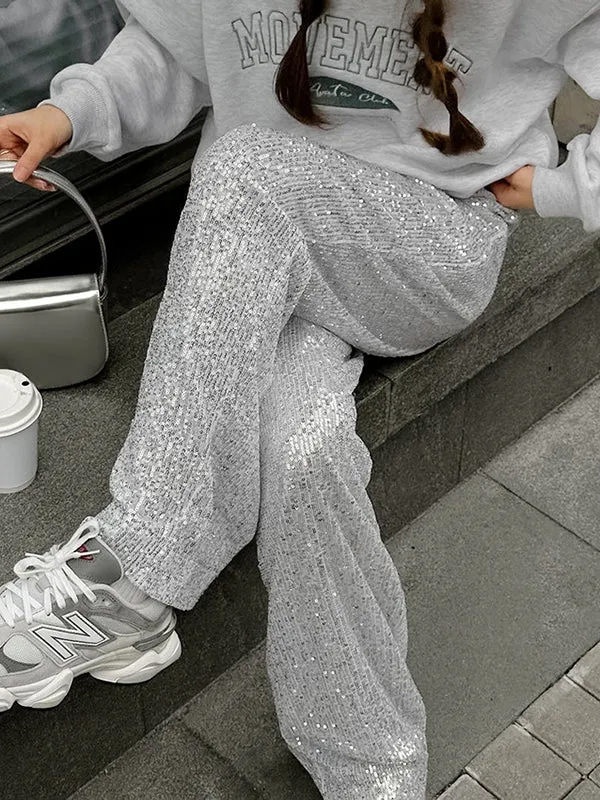 Elasticity Sequined Loose Wide Leg Trousers Pants