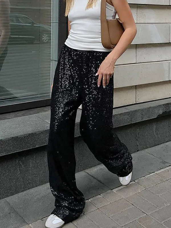 Elasticity Sequined Loose Wide Leg Trousers Pants