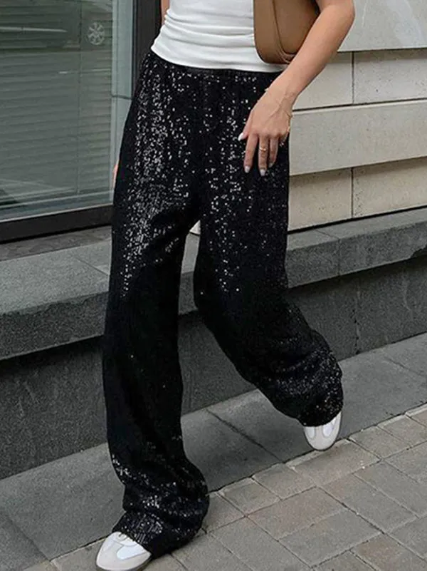 Elasticity Sequined Loose Wide Leg Trousers Pants