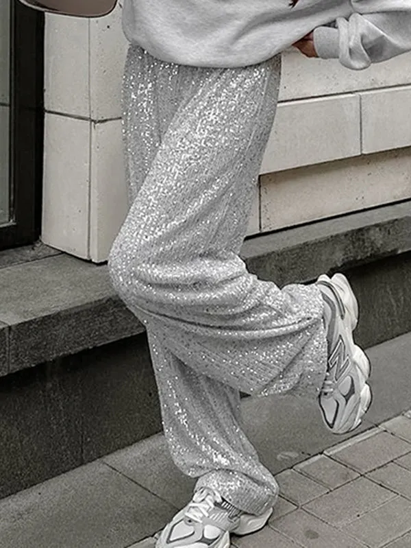 Elasticity Sequined Loose Wide Leg Trousers Pants