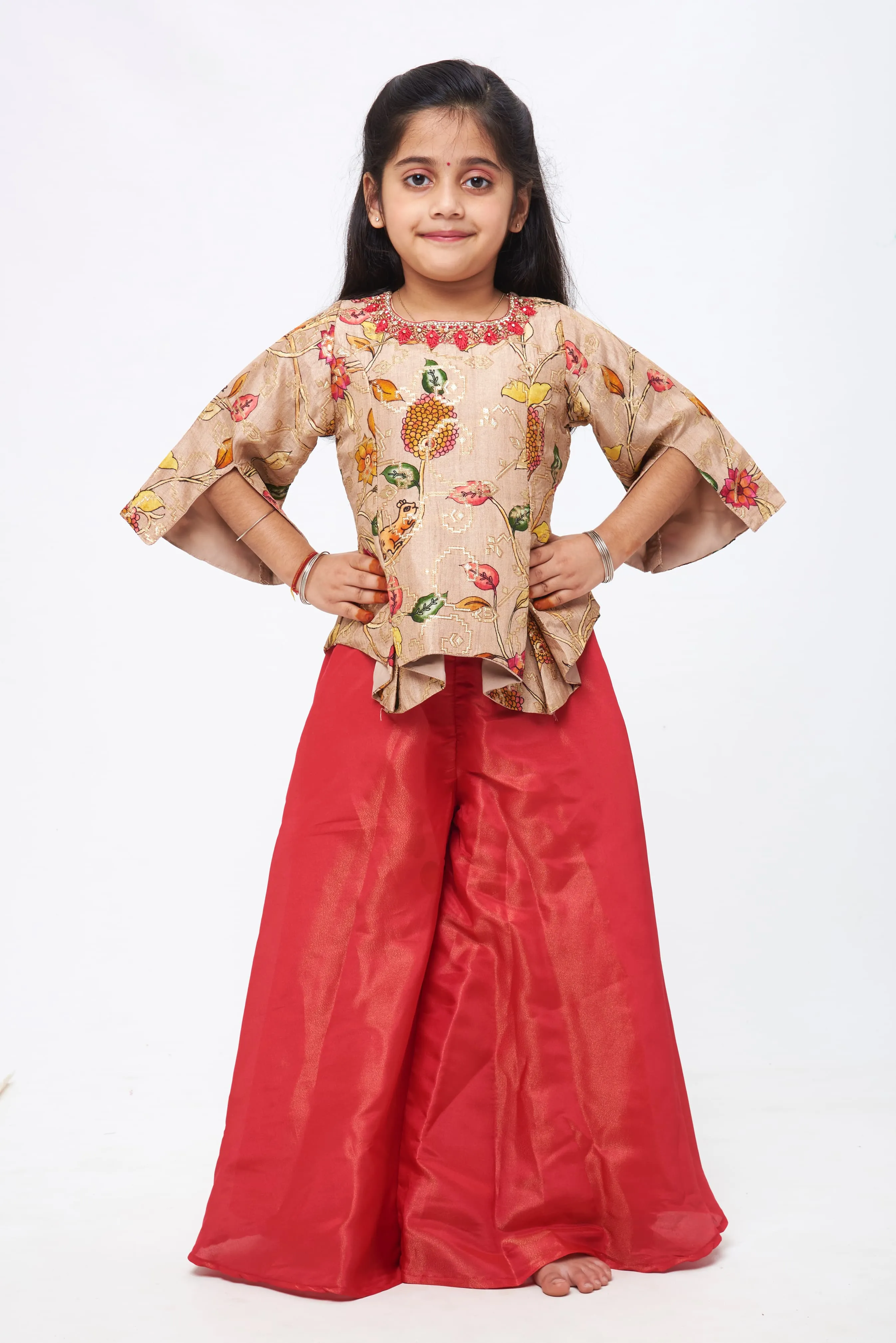 Elegant Blush: Girls Floral-Printed Beige Kurti and Deep Maroon Palazzo Set