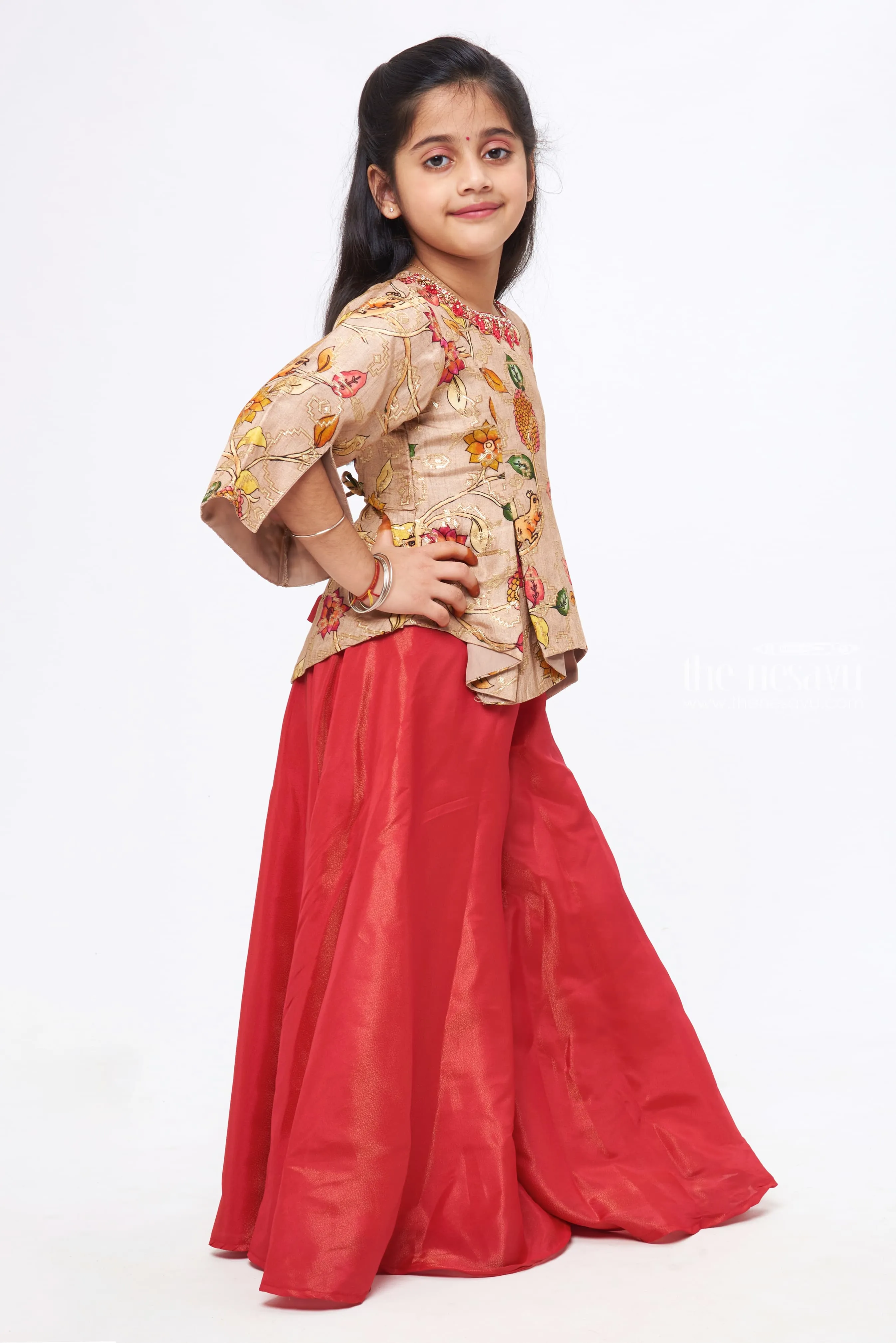 Elegant Blush: Girls Floral-Printed Beige Kurti and Deep Maroon Palazzo Set