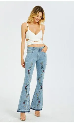 Front Embroidered Bell Bottom Stretch denim jeans