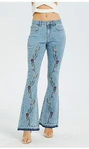 Front Embroidered Bell Bottom Stretch denim jeans