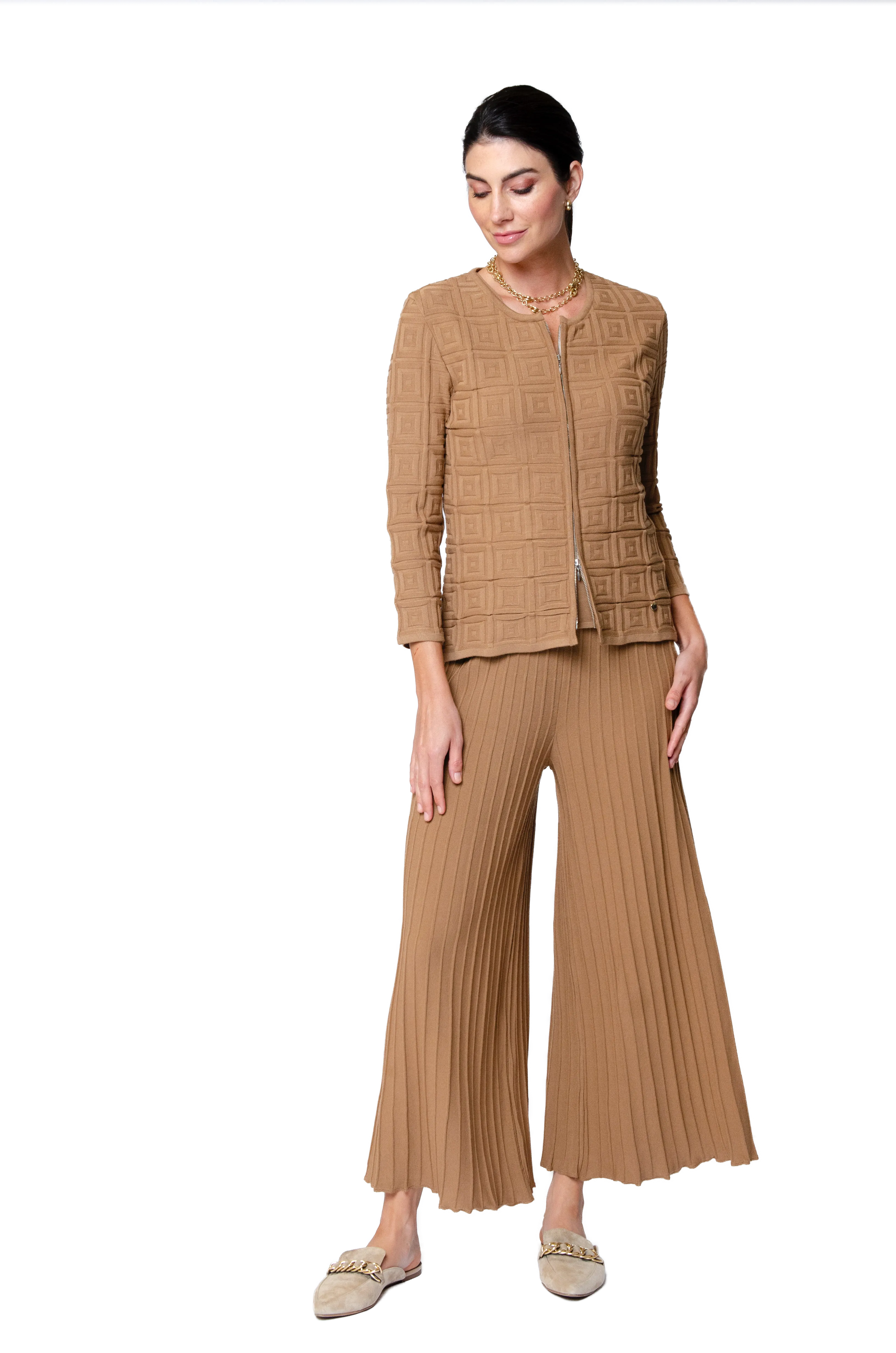 Giuliana Plisse-Look Cropped Wide Leg Pants - Mocha