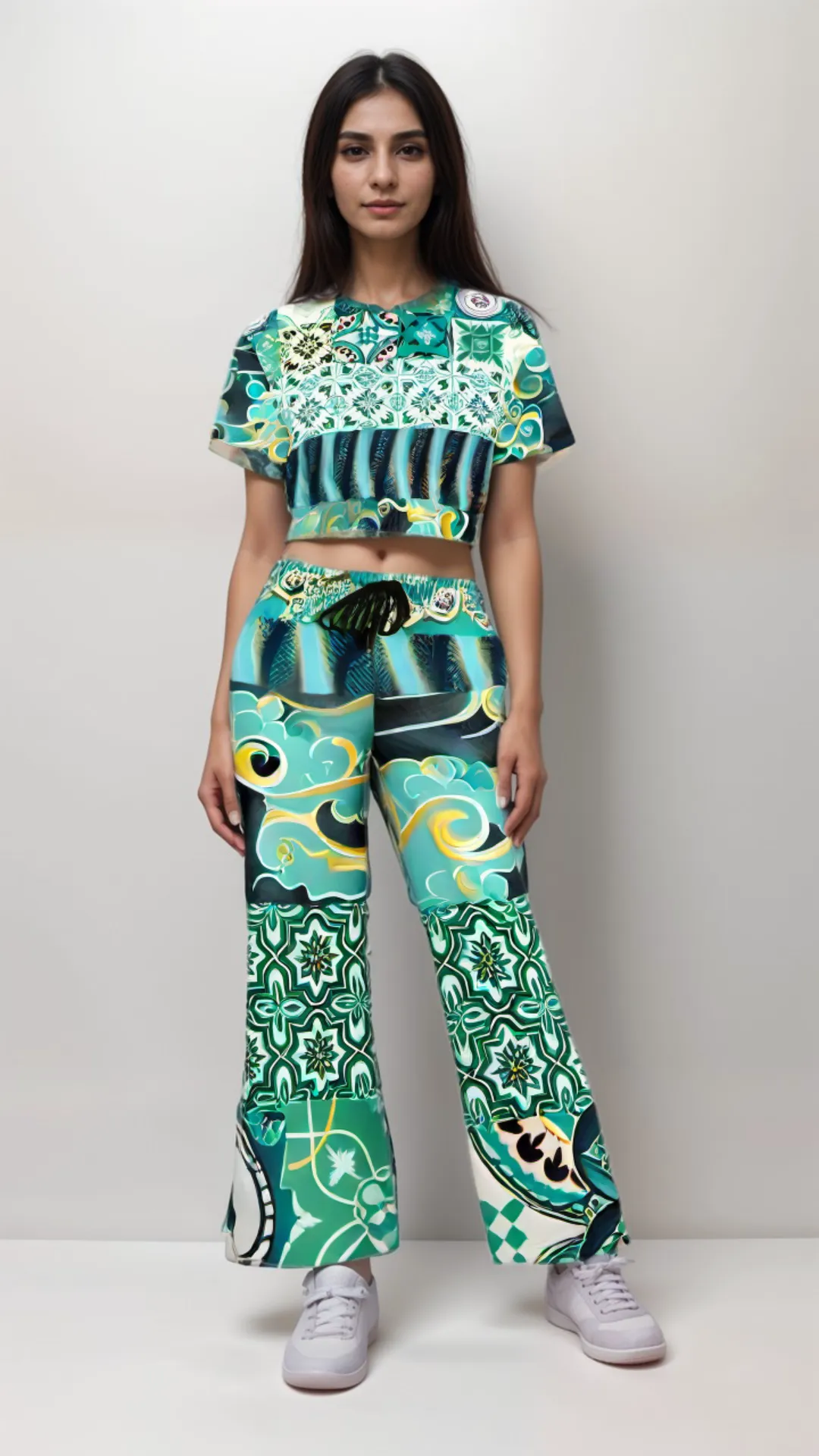 Green Meknes Mosaic Tile Eco-Poly Wide Leg Pants