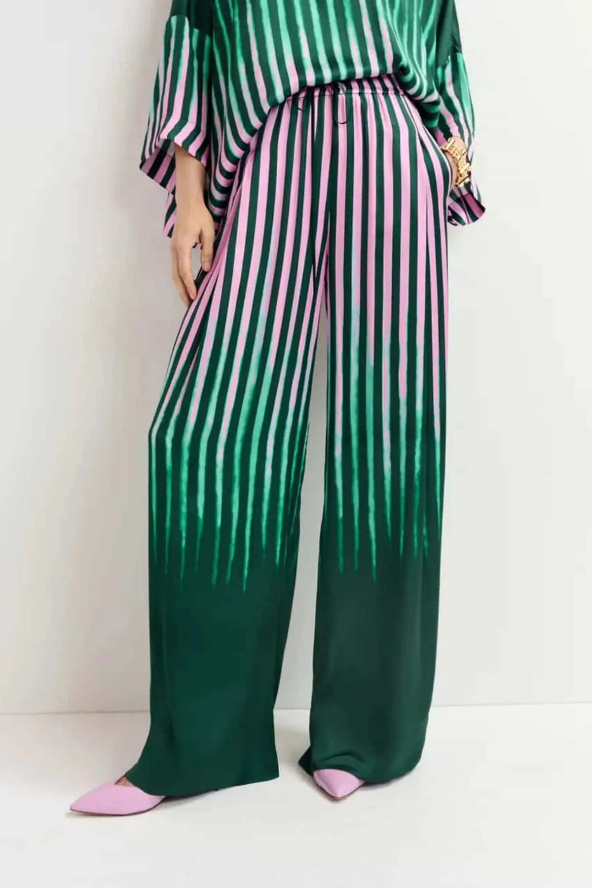 GUM PLACED PRINT PANTS GREEN/PINK STRIPE