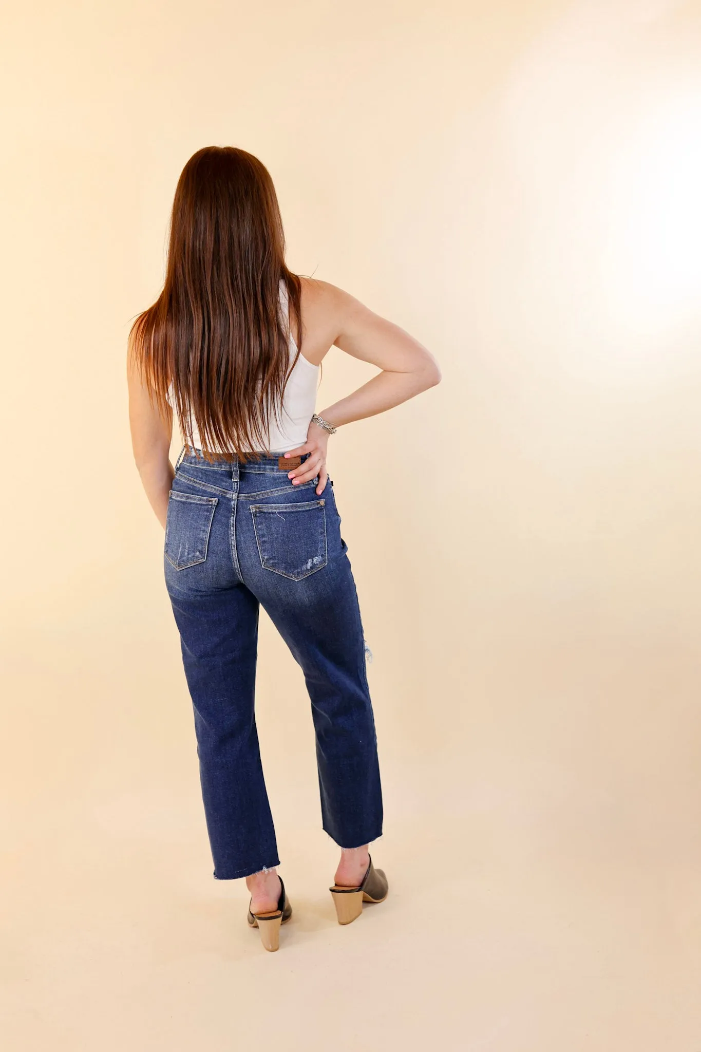 Last Chance Size 1 & 24W | Judy Blue | Grand Gesture Destroy Knee Cropped Wide Leg Jeans in Dark Wash