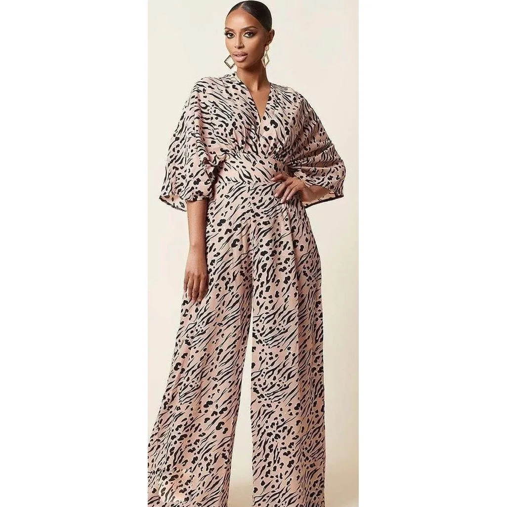 Leopard Print wide-leg V-neck jumpsuit pants.