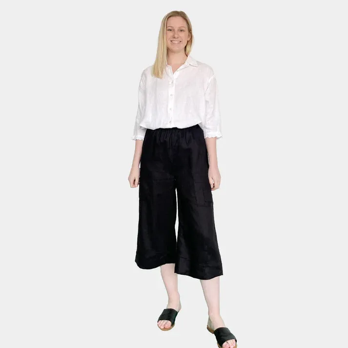 LINEN WIDE LEG ELASTIC PANTS