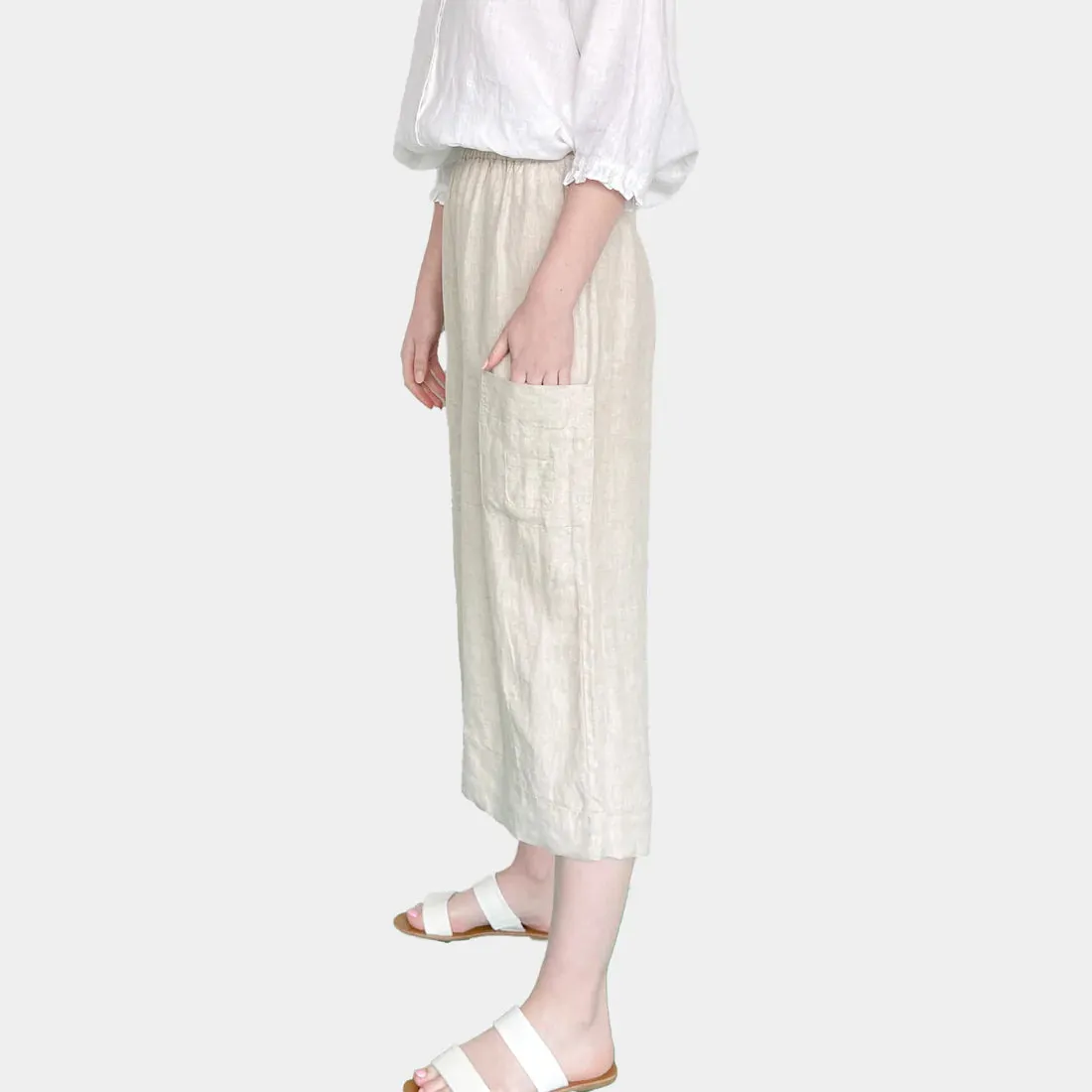 LINEN WIDE LEG ELASTIC PANTS