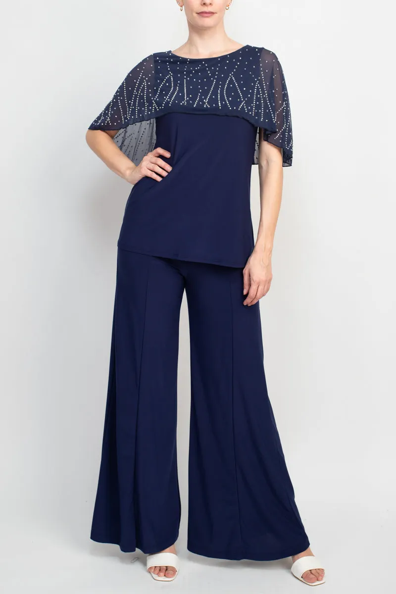 Marina Boat Neck Embellished Capelet Sleeve Solid Top and Elastic Mid Waist Wide Leg wo Piece Pant Set