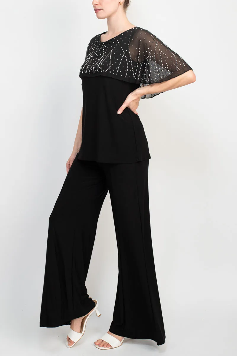 Marina Boat Neck Embellished Capelet Sleeve Solid Top and Elastic Mid Waist Wide Leg wo Piece Pant Set