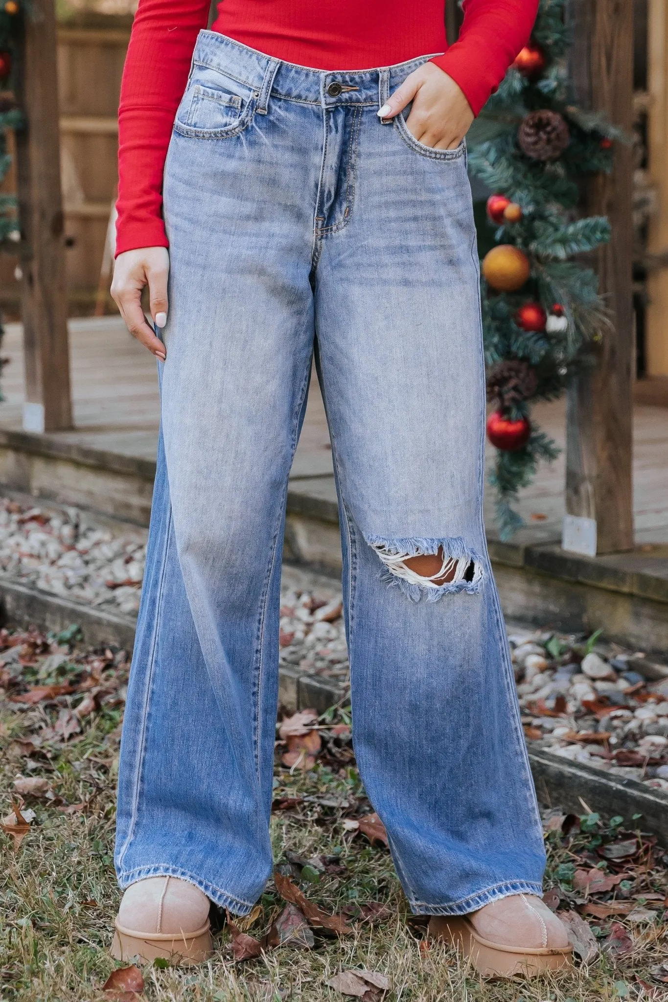 Medium Light Wash Destroyed Wide Leg Jeans