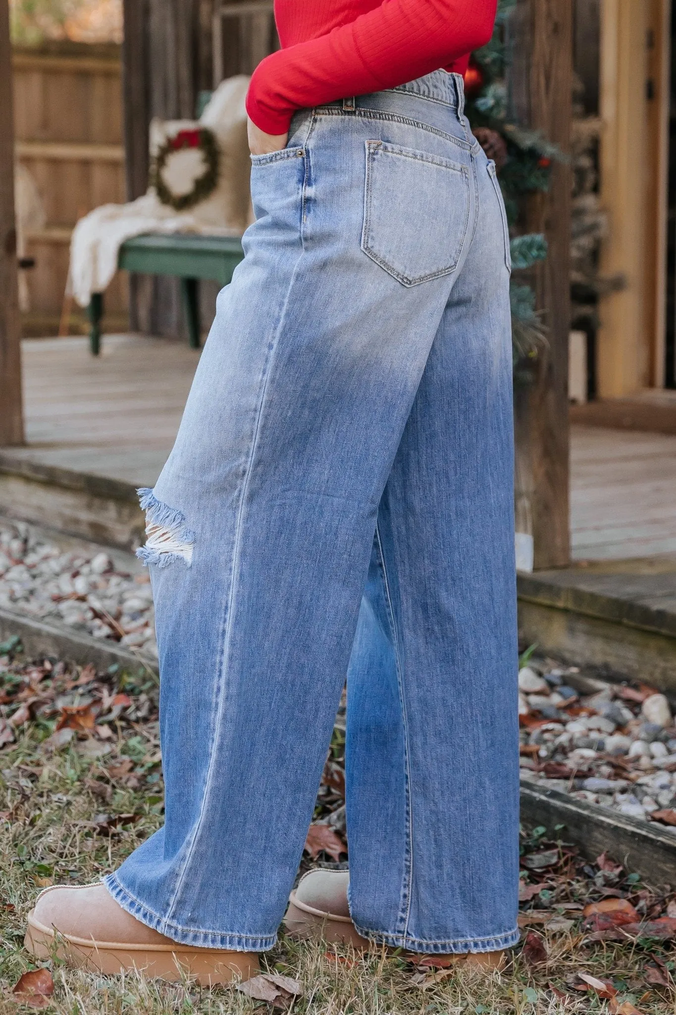 Medium Light Wash Destroyed Wide Leg Jeans