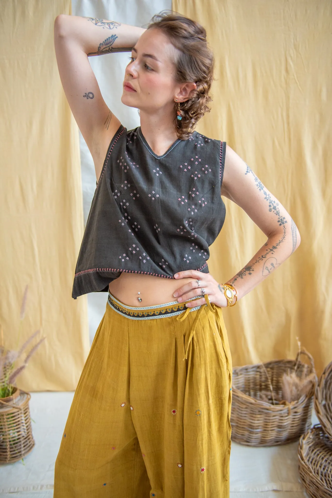 Mirror Embroidered Turmeric Wide Leg Pants