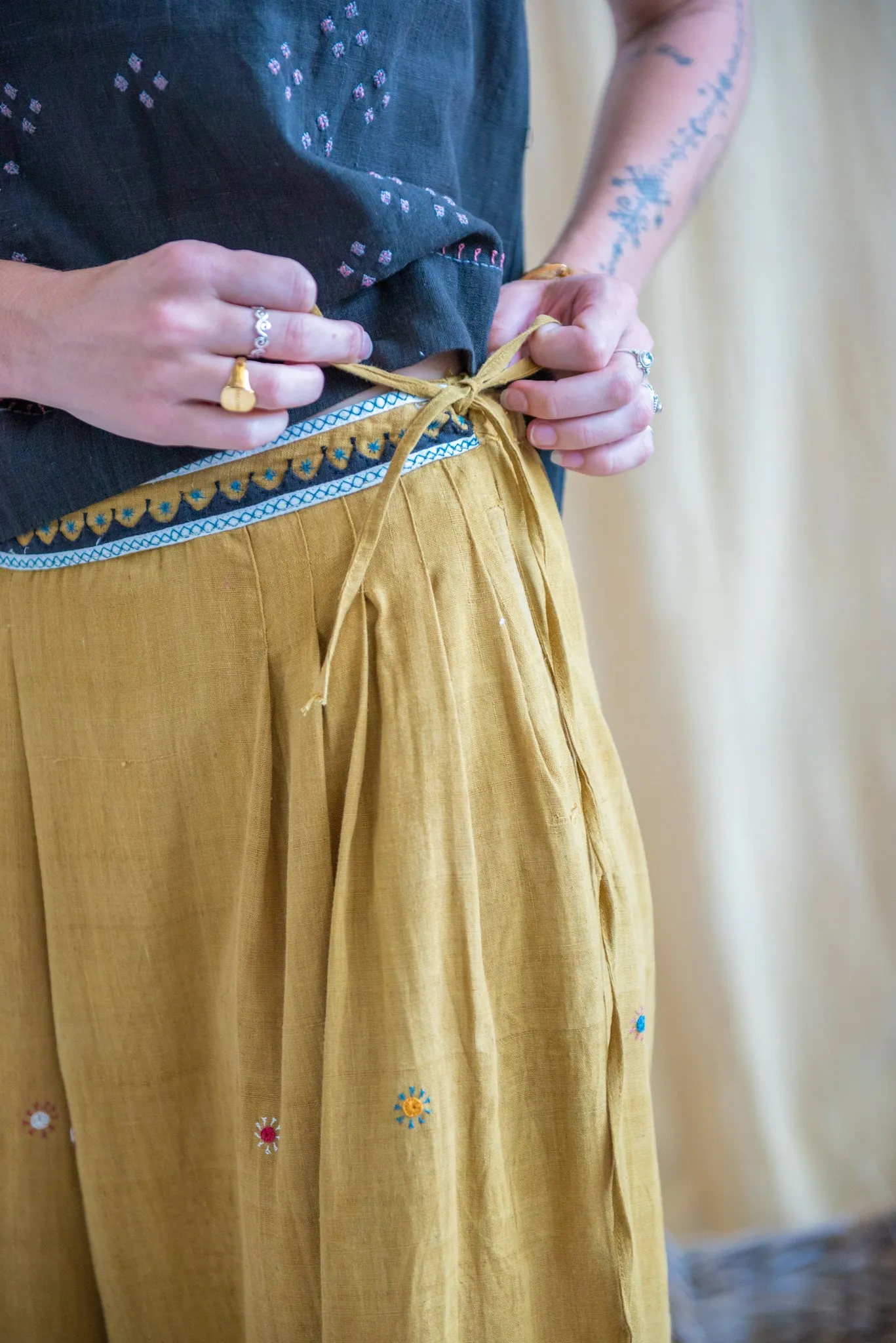 Mirror Embroidered Turmeric Wide Leg Pants