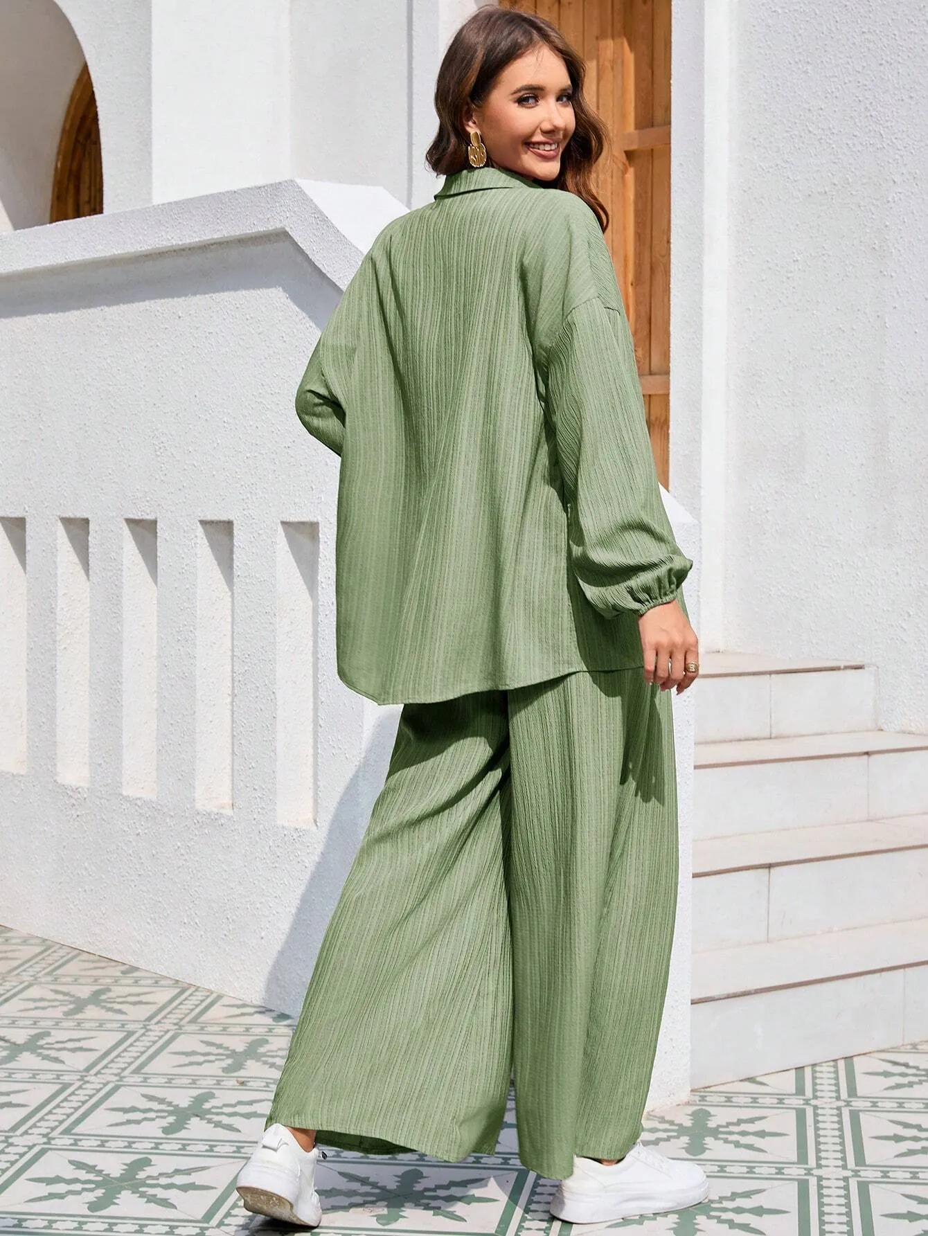 Mulvari Women's Ribbed Sleeve Shirt and Wide Leg Pants Sets