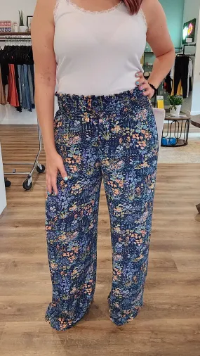 Navy Floral Smocked Palazzo Pants