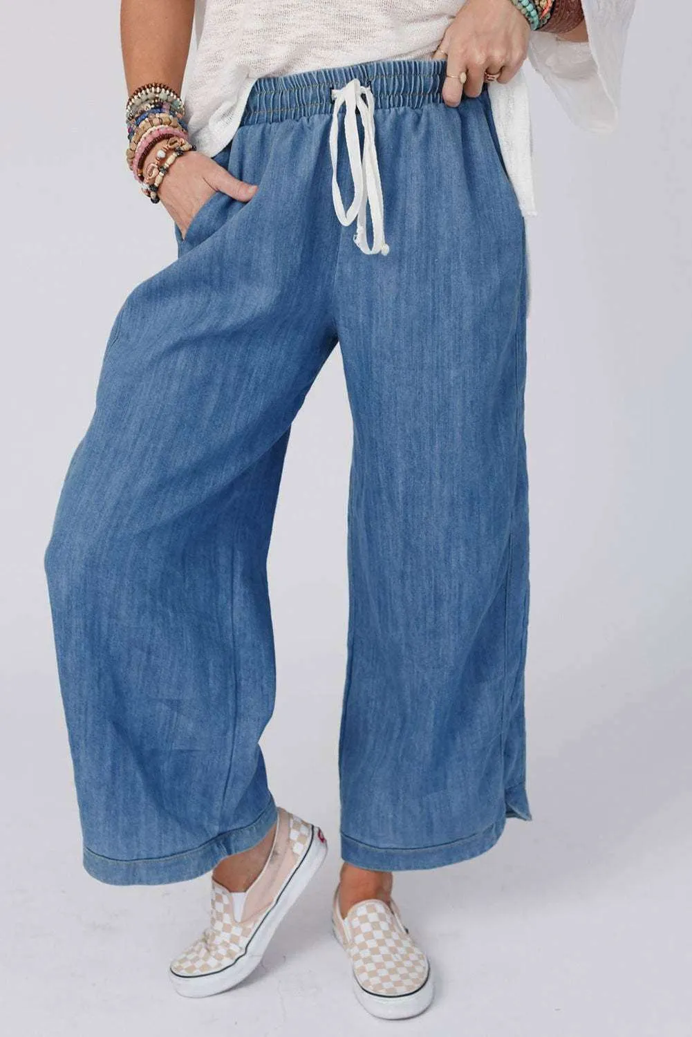 Sky Blue Drawstring Waist Loose Wide Leg Pants