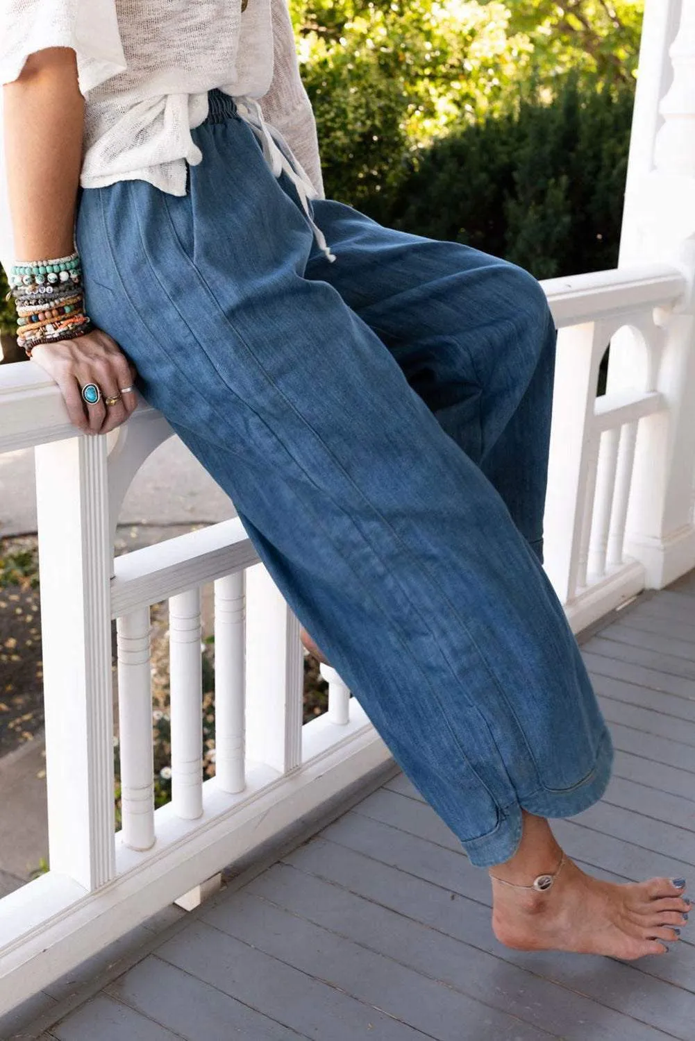 Sky Blue Drawstring Waist Loose Wide Leg Pants