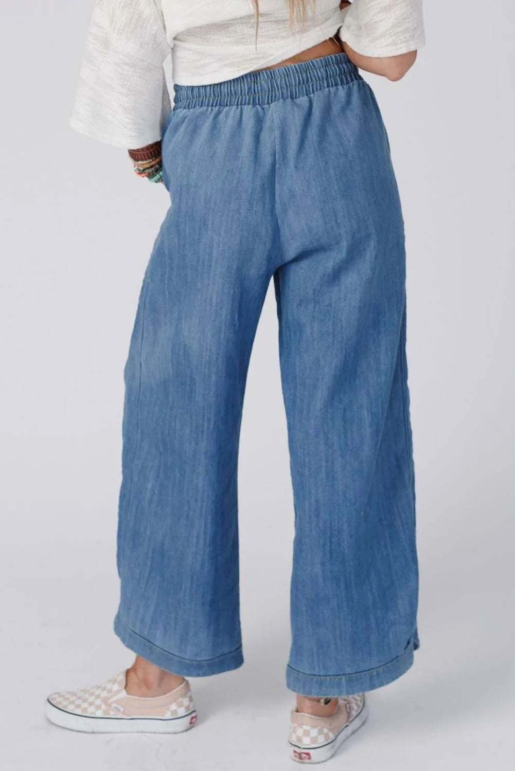 Sky Blue Drawstring Waist Loose Wide Leg Pants