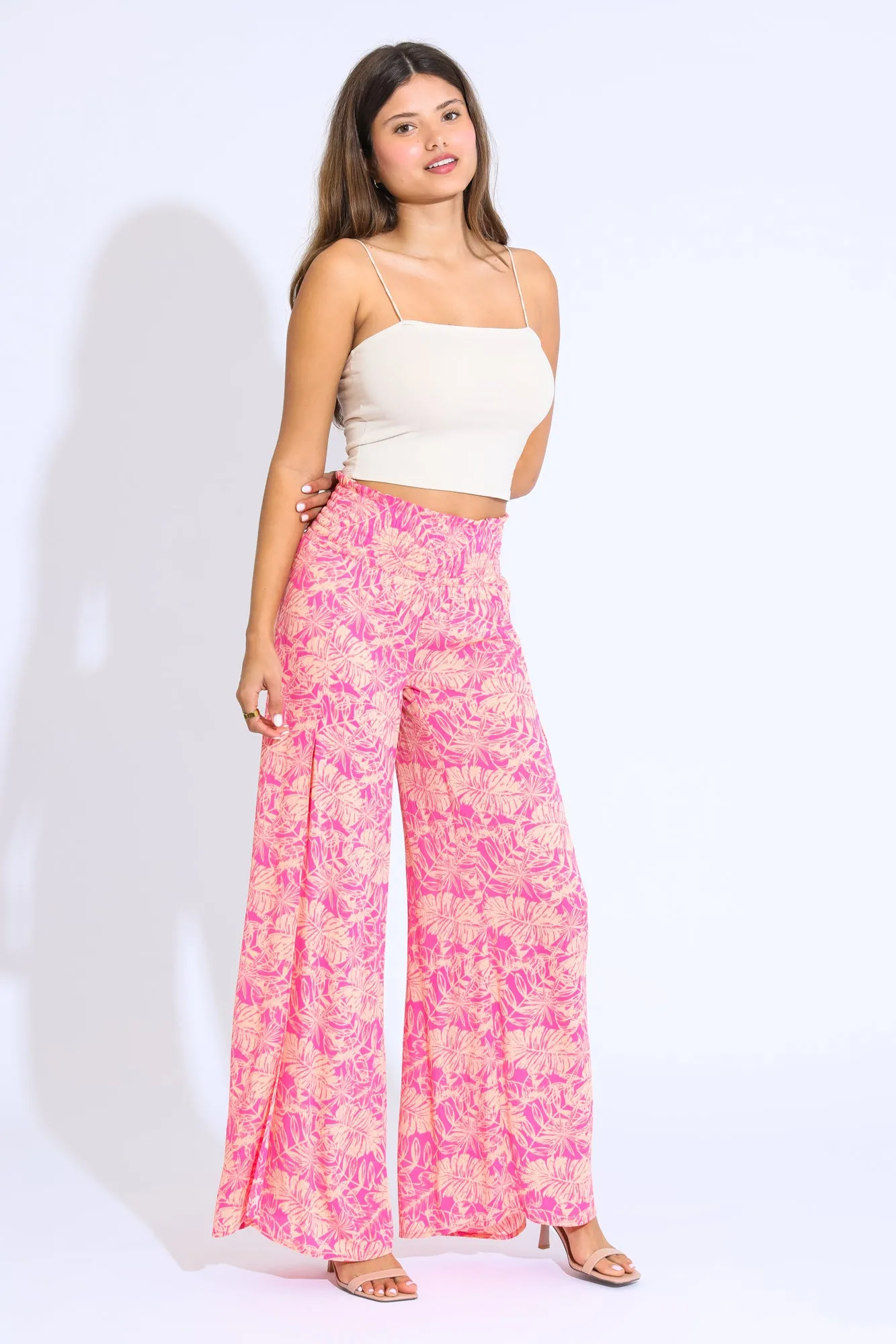 SMOCKED FRONT WRAP WIDE LEG PANT - HOT PINK