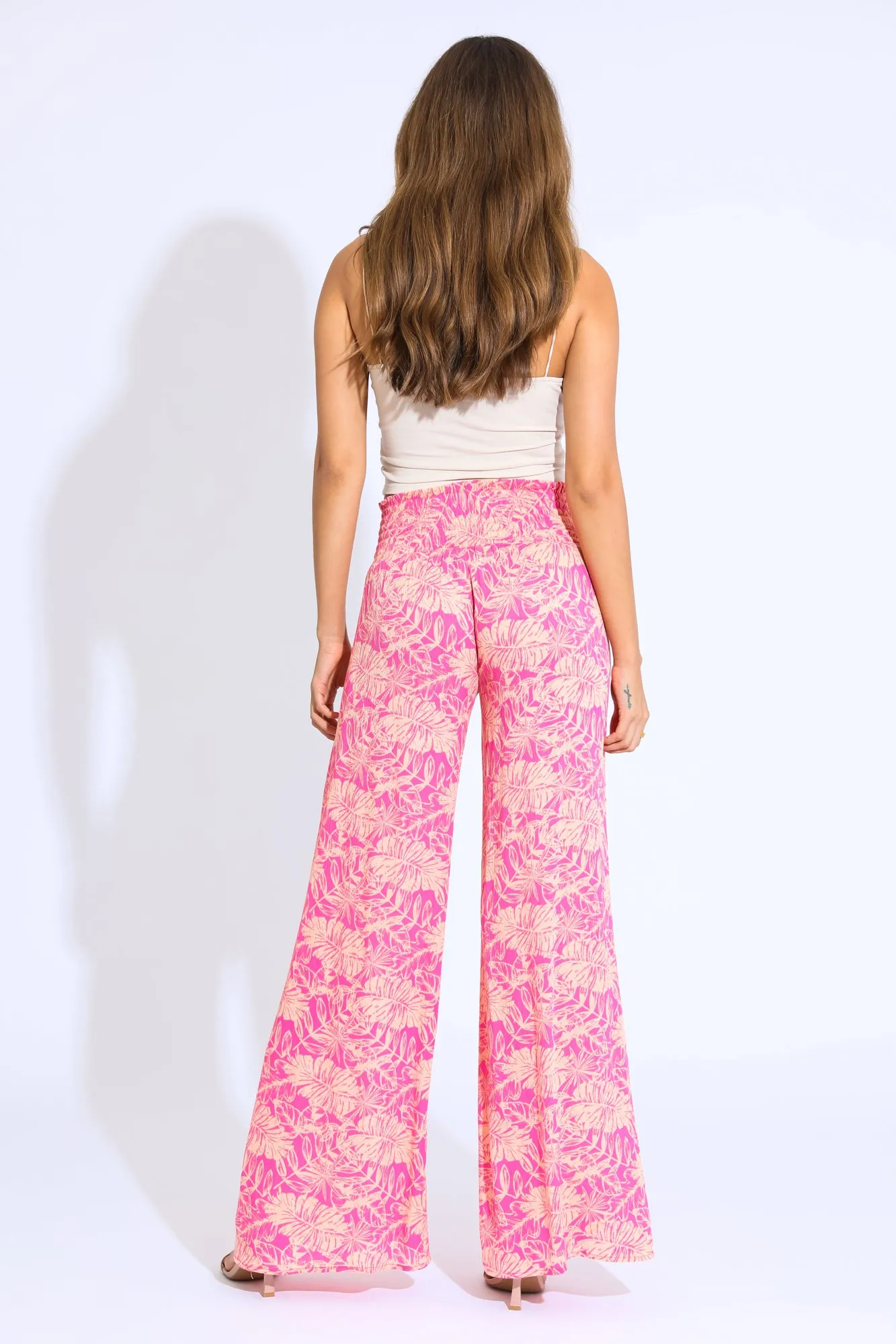 SMOCKED FRONT WRAP WIDE LEG PANT - HOT PINK