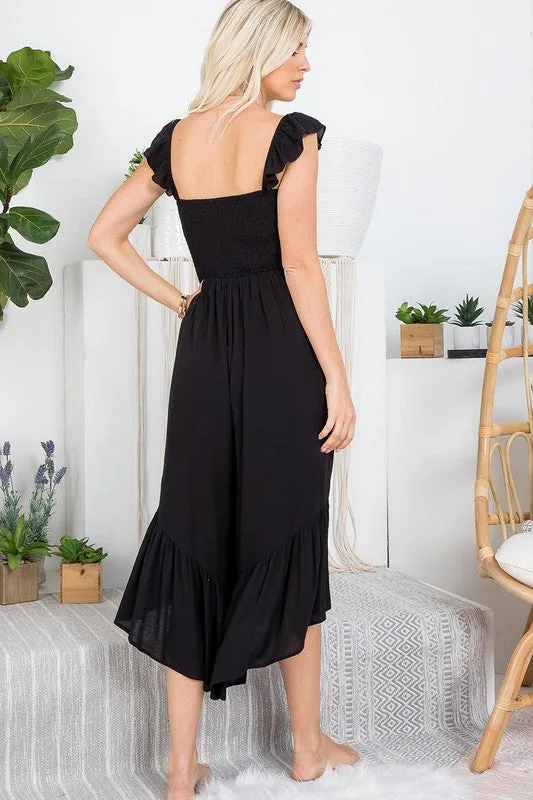 SOLID SMOCKED JUMPSUIT - BLACK